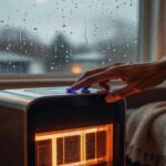 Persona activando calefactor eléctrico en invierno con ventana con lluvia de fondo