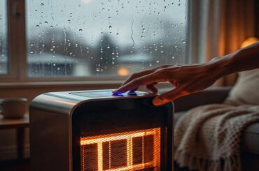 Persona activando calefactor eléctrico en invierno con ventana con lluvia de fondo