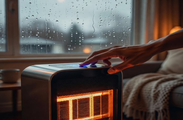 Persona activando calefactor eléctrico en invierno con ventana con lluvia de fondo