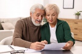 Pareja de adultos mayores revisando documentos sobre pensión y ahorros previsionales en Chile