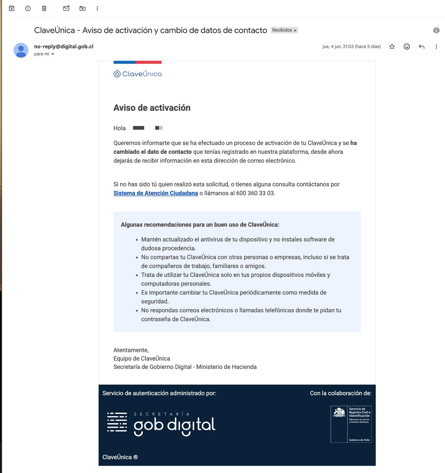 Ojo a las filtraciones de datos: ¿Cambiamos las contraseñas? 2 Correo de verificación de cambio de contacto en Clave Única