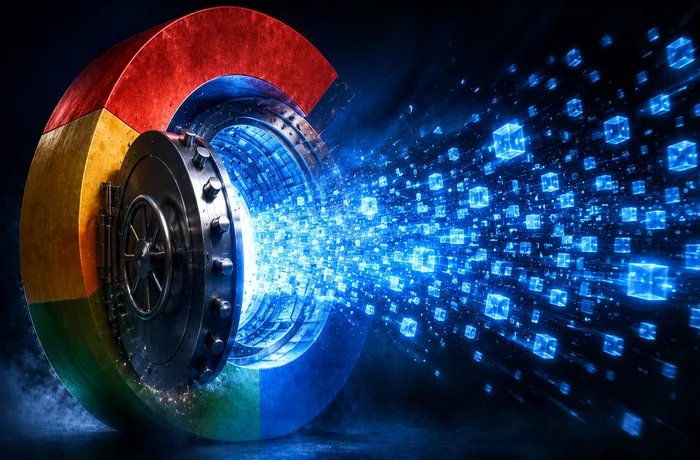 Logo de Google sobre un candado abierto, representando la obligación de compartir datos de búsqueda con competidores bajo la Ley de Mercados Digitales de la UE