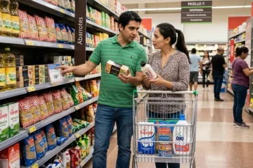 Pareja comparando productos en un pasillo de supermercado en Chile