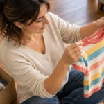 Madre revisando la talla de una polera de su hijo, señal de alerta del crecimiento infantil
