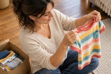 Madre revisando la talla de una polera de su hijo, señal de alerta del crecimiento infantil