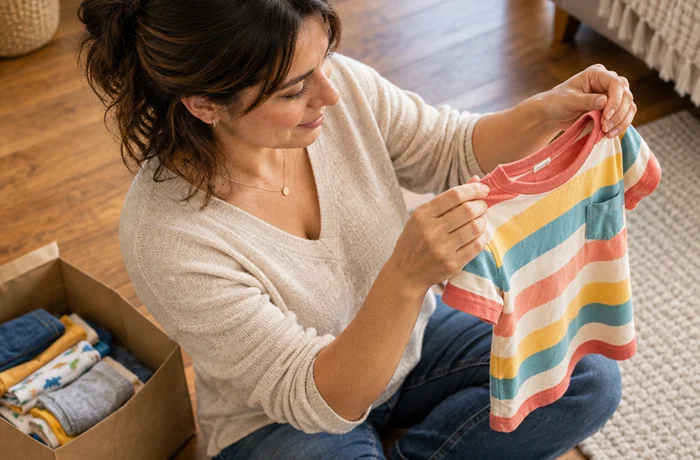 Madre revisando la talla de una polera de su hijo, señal de alerta del crecimiento infantil