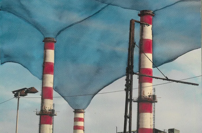 Acuarela de chimeneas industriales a rayas rojas y blancas bajo un cielo azul, imagen del proyecto El Diario de mi Abuela