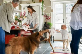 Familia en el living de su casa con un perro y una niña pequeña, estudio IKEA Life at Home Chile