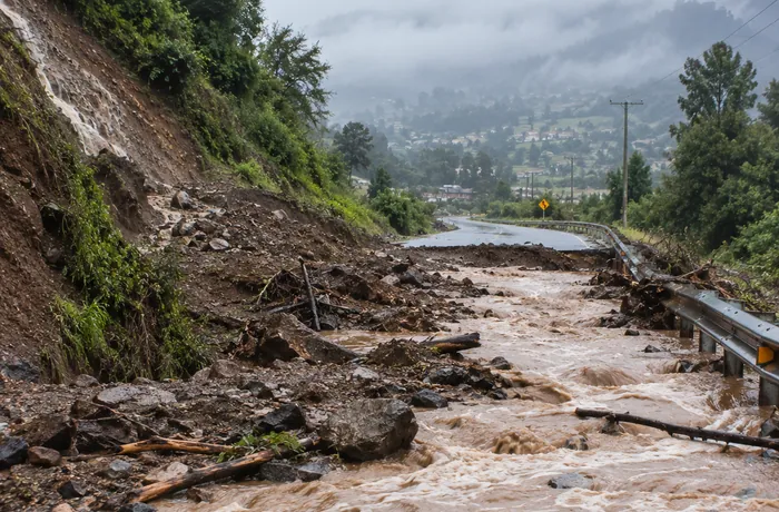 Camino destruido por un aluvión tras lluvias intensas en Chile