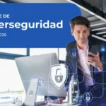 Ejecutivo frente a un computador con íconos de candado, reporte de ciberseguridad de Gtd sobre ransomware