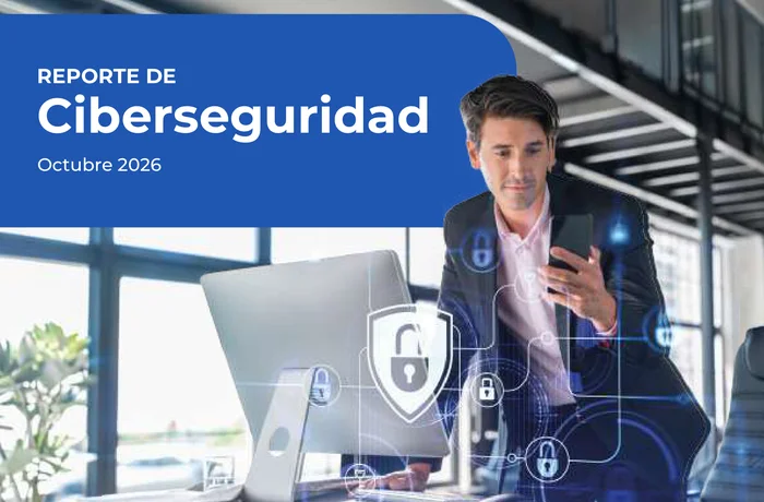 Ejecutivo frente a un computador con íconos de candado, reporte de ciberseguridad de Gtd sobre ransomware